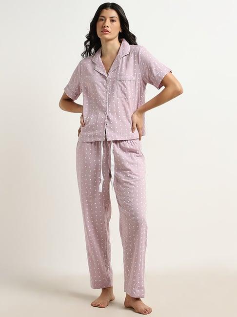 wunderlove by westside lilac polka dotted cotton shirt with pyjamas set