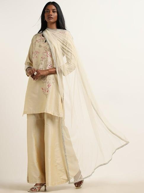 vark by westside beige floral embroidered kurti, gharara & dupatta set