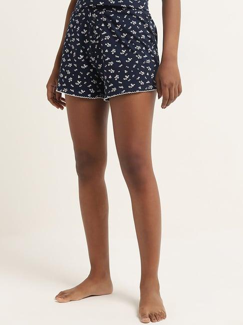 superstar by westside navy floral printed high-rise cotton blend shorts