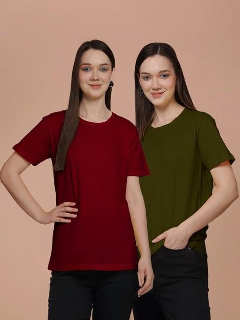 friskers maroon & olive green cotton t-shirt - pack of 2