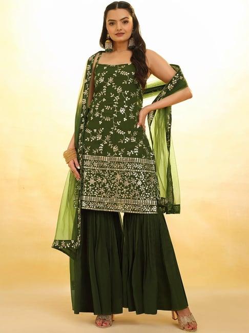 odette green embroidered kurti sharara set with dupatta