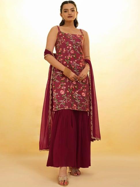 odette maroon embroidered kurti sharara set with dupatta