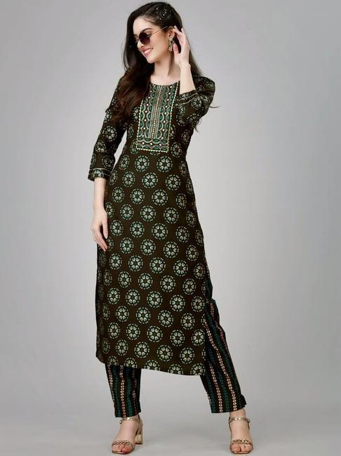 odette brown printed kurta pant set