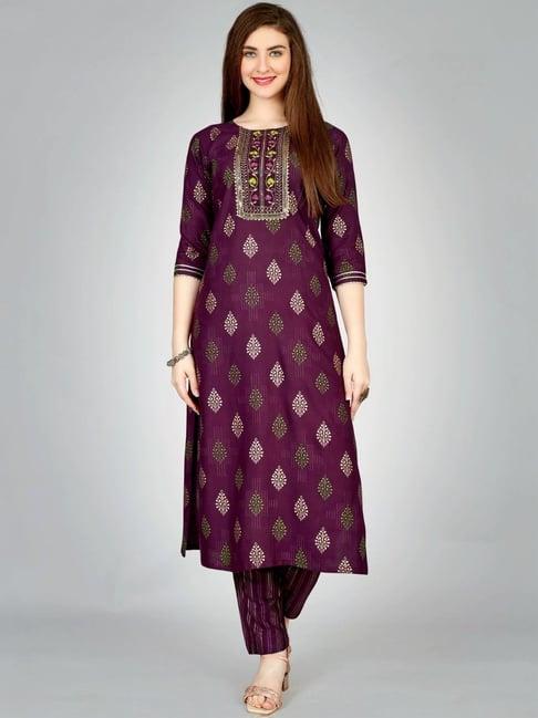 odette purple embroidered kurta pant set