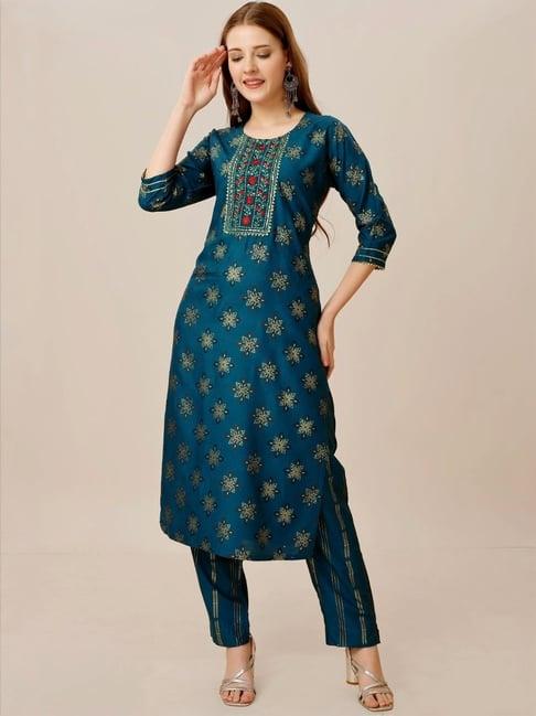 odette blue printed kurta pant set