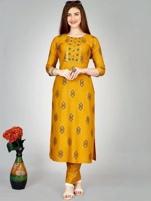 odette yellow printed kurta pant set