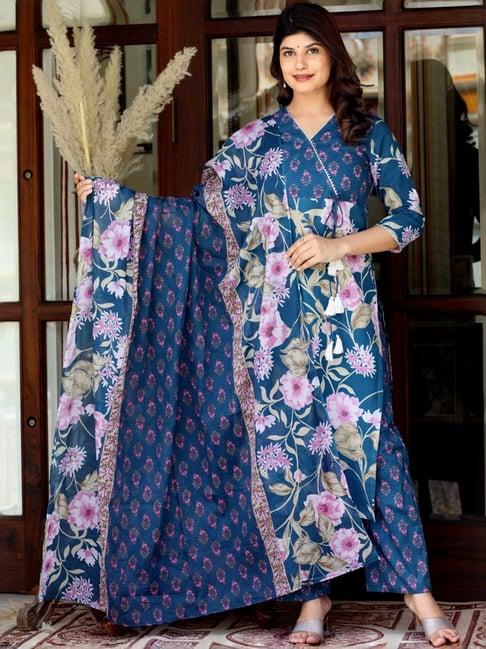 miravan blue cotton floral print kurta pant set with dupatta