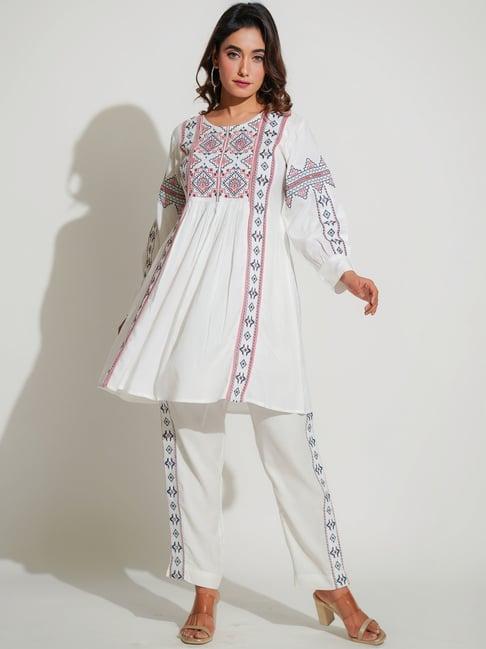 zolo label white cotton embroidered kurti pant set