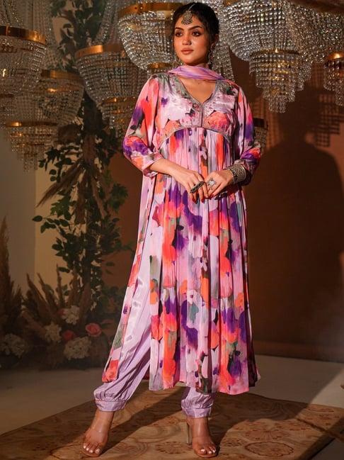 zolo label purple printed kurta salwar set with dupatta