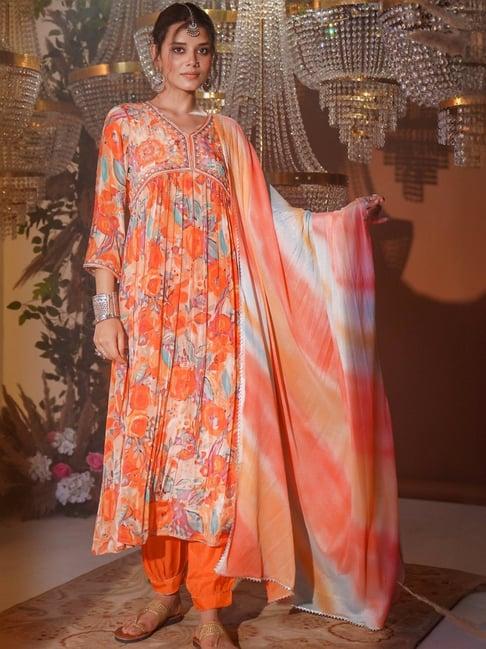 zolo label orange floral print kurta salwar set with dupatta