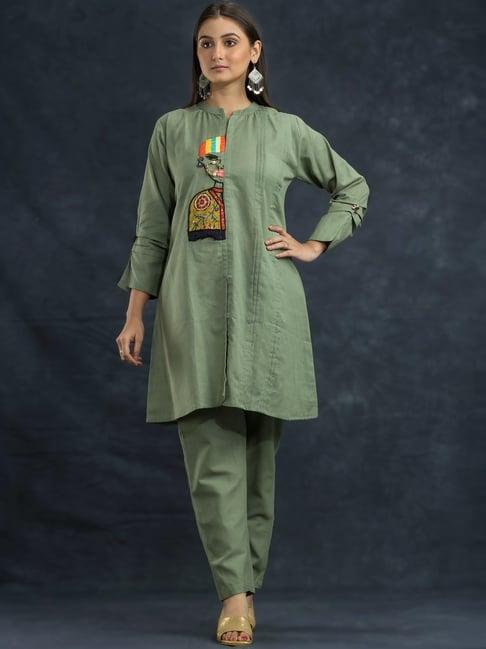 zolo label olive green cotton embroidered kurti pant set