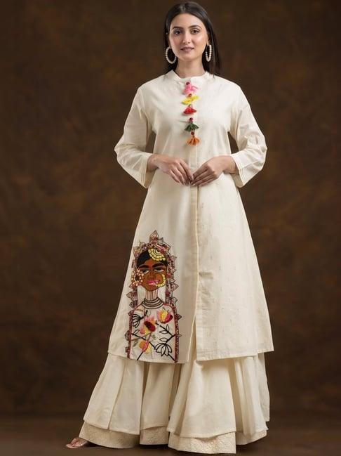 zolo label white cotton embroidered kurta sharara set