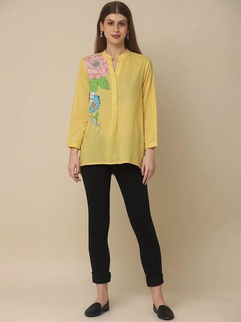 zolo label yellow cotton floral print top