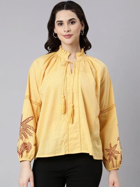 zolo label yellow cotton embroidered top