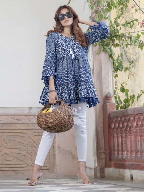 zolo label indigo blue cotton printed top