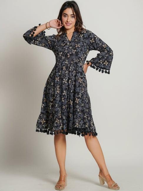 zolo label blue cotton floral print a-line dress