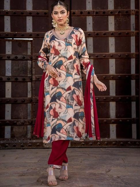 zolo label beige & maroon printed kurta pant set with dupatta