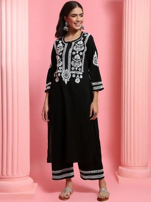 house of chikankari black cotton embroidered kurta & palazzo set