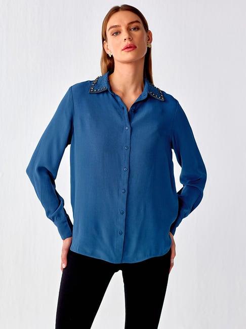 cover story navy embellished shirt