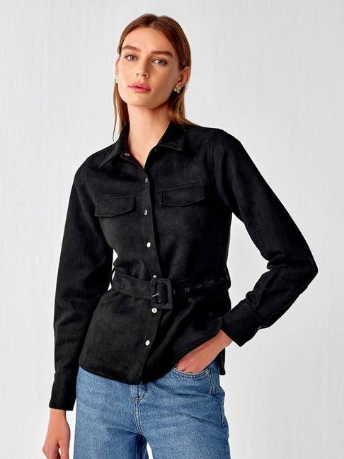 cover story black regular fit shirt with belt