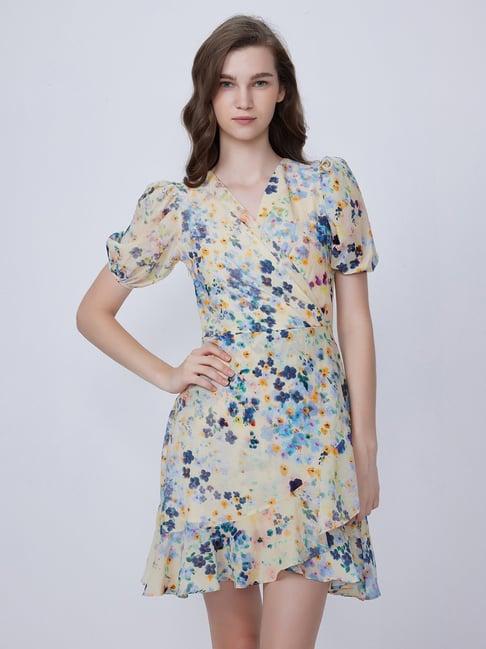 cover story yellow floral print wrap dress