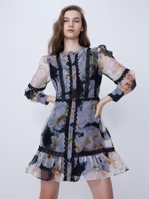 cover story black & off white floral print a line dress