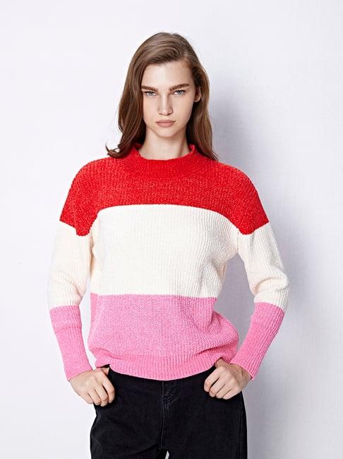 cover story red & white color-block sweater