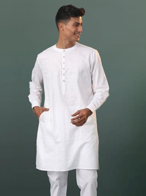 vastramay white cotton regular fit embellished kurta