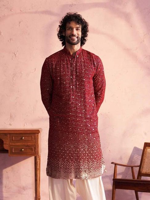 vastramay maroon regular fit embellished kurta