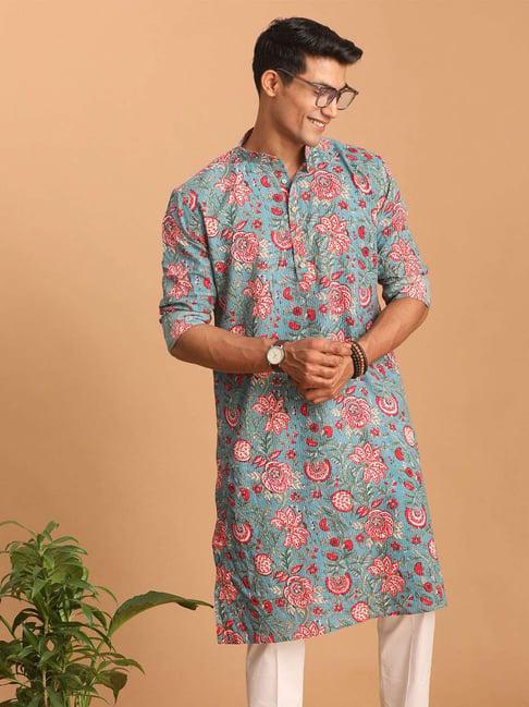 vastramay blue cotton regular fit floral print kurta