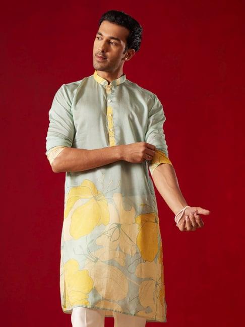 vastramay grey & yellow regular fit floral print kurta