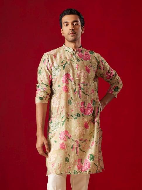 vastramay beige regular fit floral print kurta