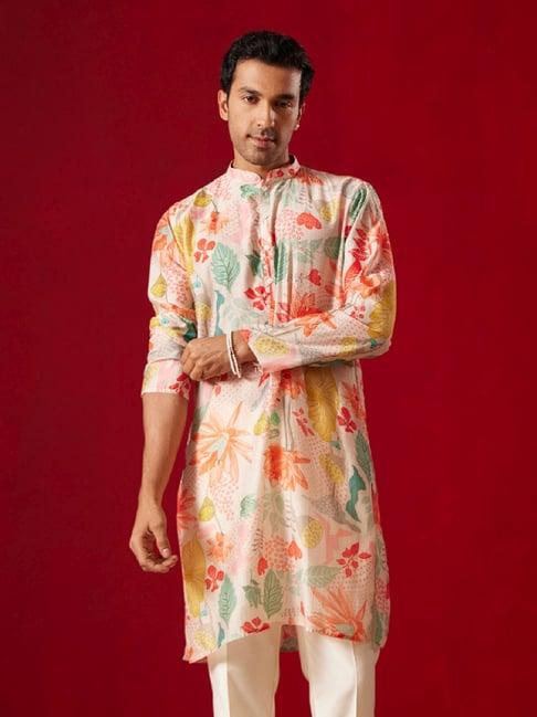 vastramay beige regular fit floral print kurta