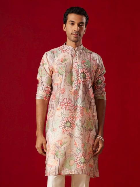 vastramay beige regular fit floral print kurta