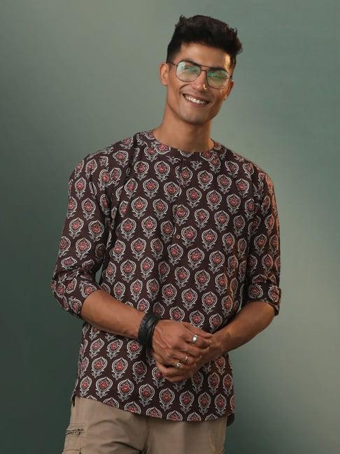 vastramay coffee brown cotton regular fit printed short kurta