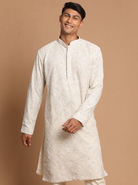 vastramay off-white regular fit embroidered kurta