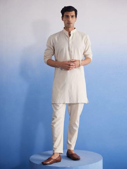 vastramay cream cotton regular fit texture kurta bottom set