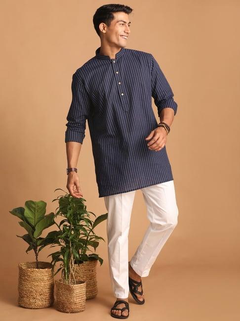 vastramay navy & white cotton regular fit striped kurta bottom set