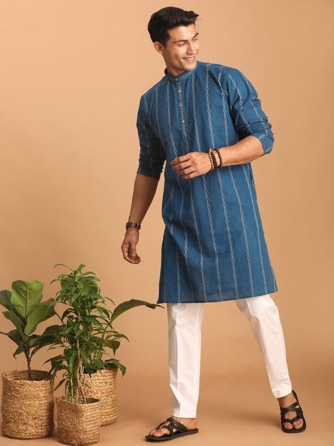 vastramay indigo blue & white cotton regular fit striped kurta bottom set