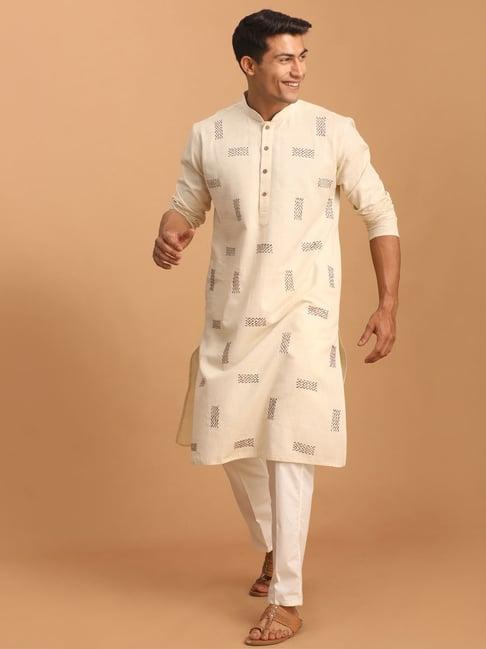 vastramay cream cotton regular fit embroidered kurta bottom set