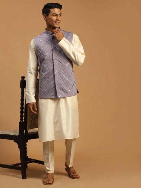 vastramay beige & grey regular fit embroidered kurta bottom set