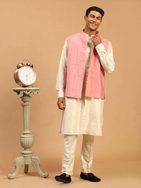 vastramay beige & pink regular fit embellished kurta bottom set