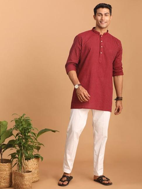 vastramay maroon & white cotton regular fit striped kurta bottom set