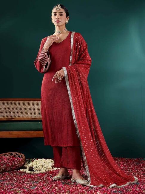 varanga maroon plain kurta pant set with dupatta