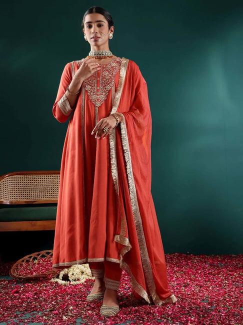 varanga rust embroidered kurta pant set with dupatta