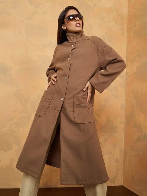 styli brown regular fit coat