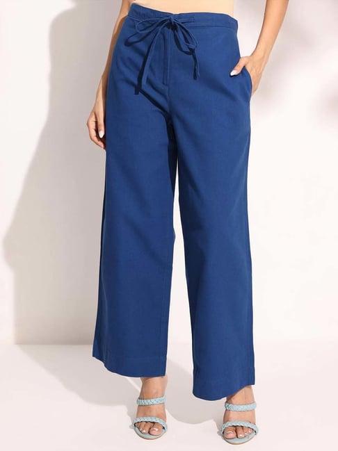 fabindia navy cotton mid rise flared pants