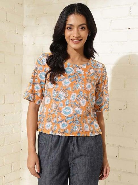 fabindia orange cotton printed top