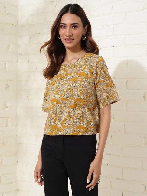 fabindia mustard cotton printed top