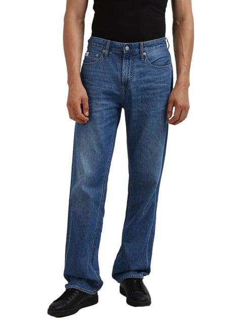 calvin klein mid blue cotton linen straight fit jeans